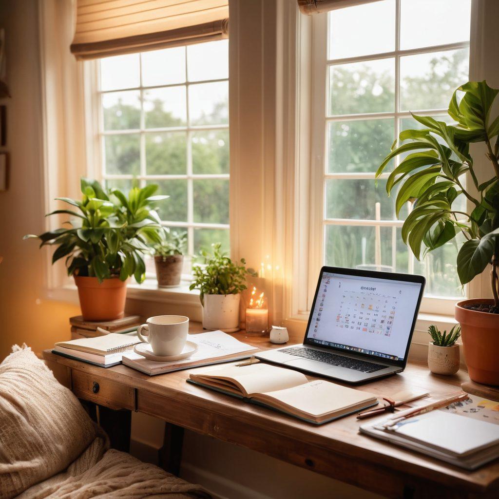 A serene home workspace with a cozy desk scattered with notebooks, a laptop, and a cup of tea, reflecting a mom’s daily routine. Warm sunlight streams through a window adorned with family photos and plants, symbolizing creativity and warmth. The background subtly features elements like a calendar, children's drawings, and a cozy sofa, enhancing the lifestyle aspect. soft focus. vibrant colors. warm light.