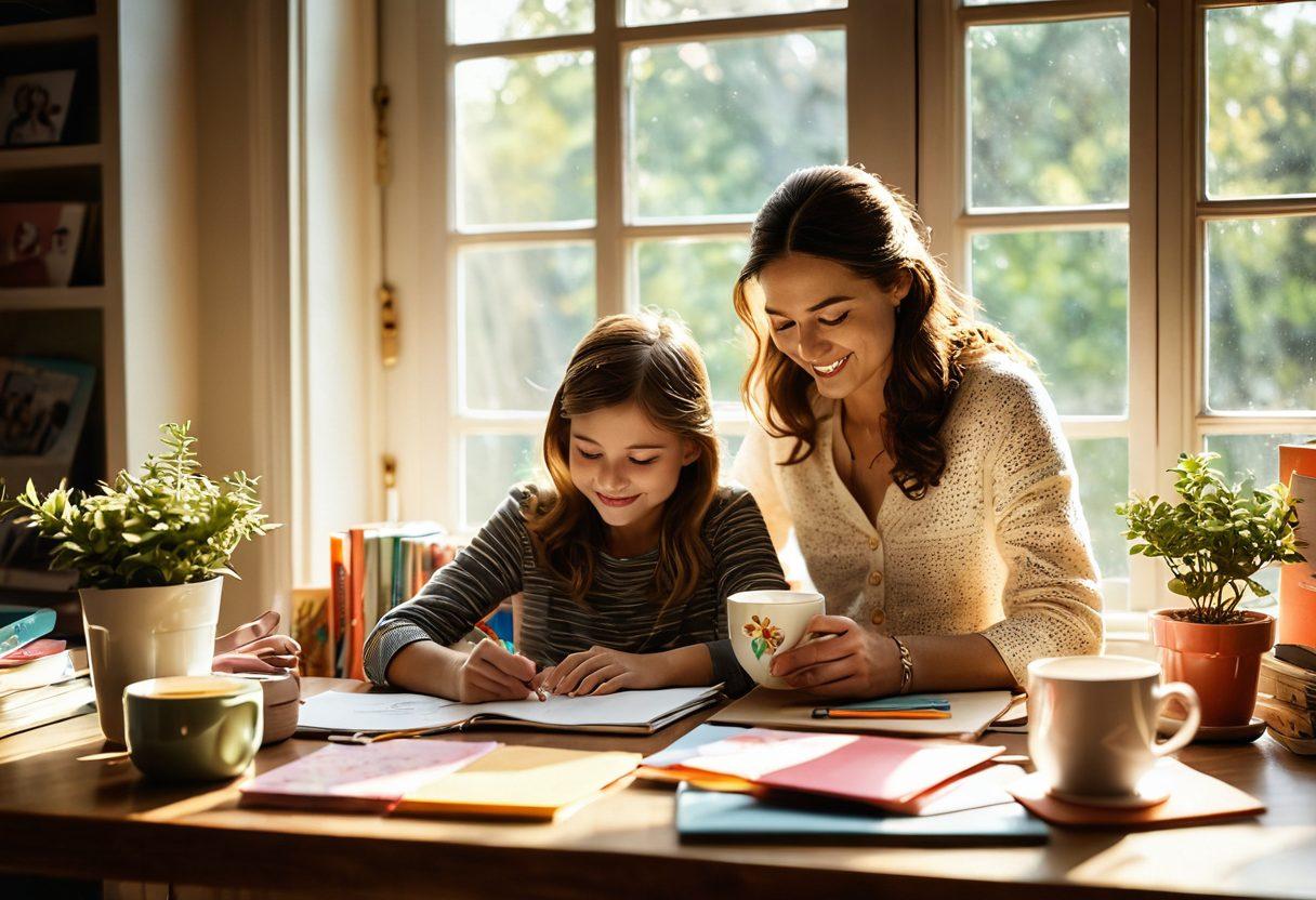 A heartwarming scene of a mother joyfully crafting stories, surrounded by family photos and a cozy workspace filled with colorful stationery, a laptop, and a steaming cup of tea. The sunlight streams in through a window, creating a soft glow that enhances the atmosphere of love and creativity. Illustrate the essence of storytelling and the connection of motherhood. whimsical, warm colors, soft focus.