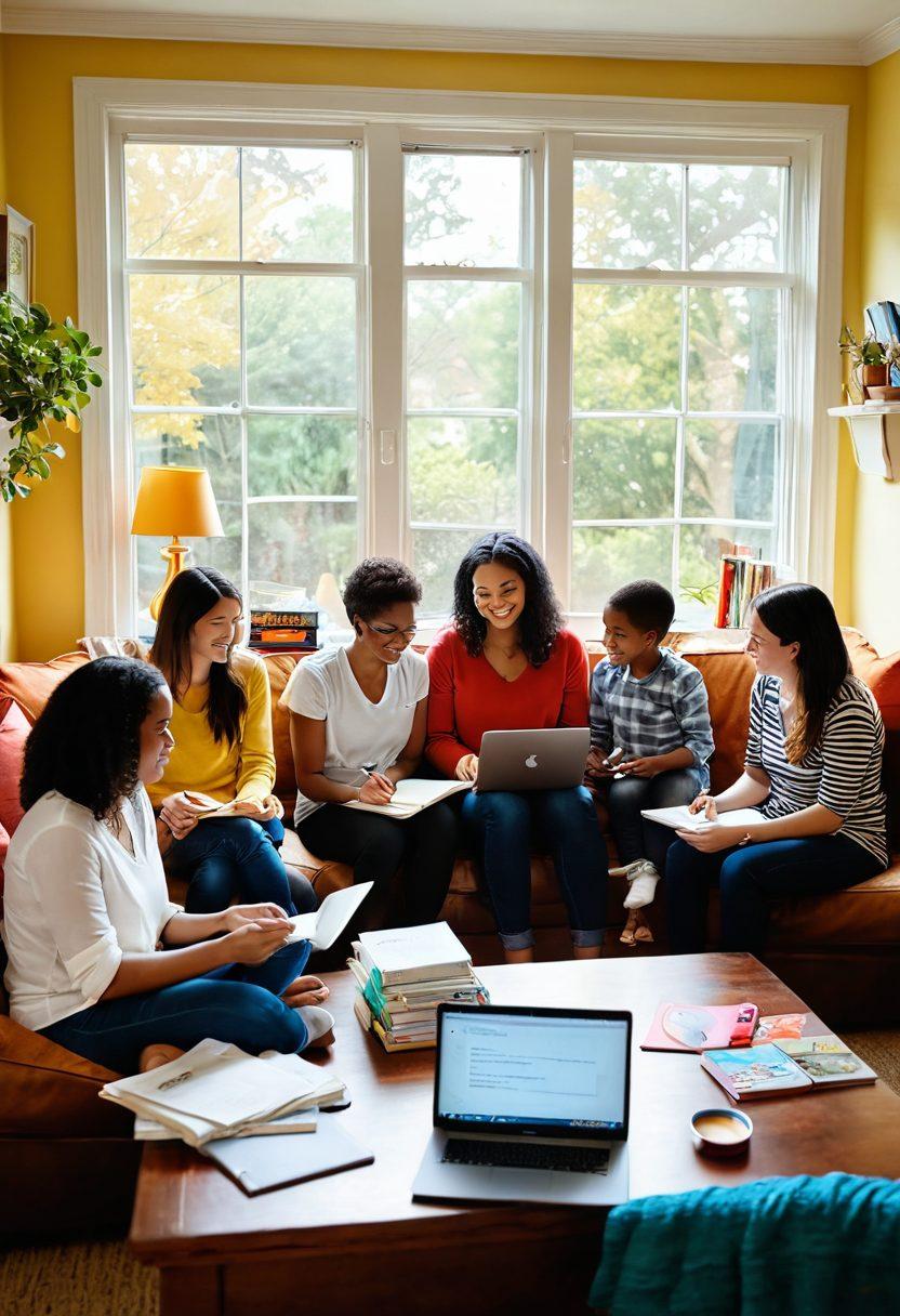 A warm and inviting scene showcasing a diverse group of moms sharing stories in a cozy living room filled with parenting books and a laptop. A window reveals a sunny day outside, with children playing in the background. On one side, there's a playful illustration of blogging elements like pens and notepads. The overall atmosphere should exude friendship, community, and creativity. vibrant colors. super-realistic.
